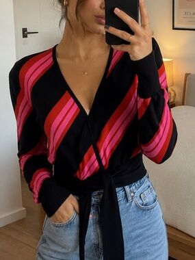 Vintage 80s Wool Blend Deep V Snap Cardigan Pink Red Stripe Waist Tie Sweater